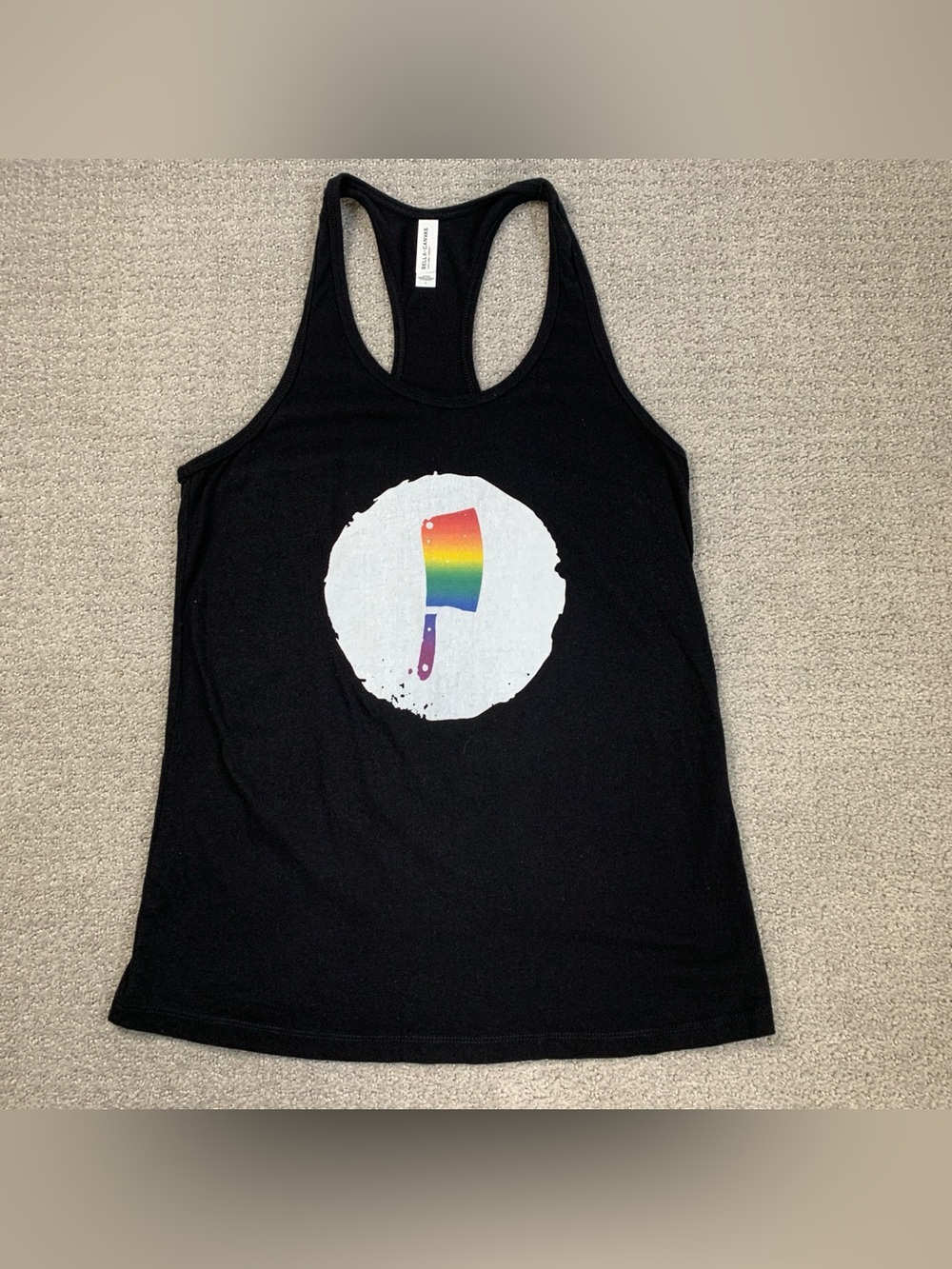Family Dinner Black Racerback Tank Top Size L Chef Knife Rainbow Pride Graphic